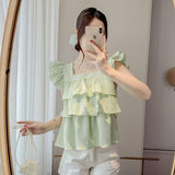 Mint Green Lotus Side Small Flying Sleeve Chiffon Top Women's Summer Age Reduction Texture Fluffy Short-Sleeved Shirt Sunscreen