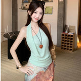 Seaside Holiday Style Suit Unique To The Folded Vest Women Summer Vintage Tie-Dye Skirt Skirt Two-Piece