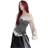 Sliced Striped Shirt A Word Shoulder Pure Desire Long-Sleeved T-Shirt Girl Autumn Strapped Hottie Repair