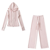 Relaxing Deheder Red Sports Set Long Sleeved Hooded Zippered Coat Lazy Loose Drawn Legs
