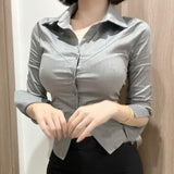 Korean Temperament Gray Shirt Female Button Open Shirt Regular Slimming Casual Top