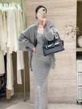 Autumn And Winter Lazy Wind Relaxation Knitted Three-Piece Set Of Women's New Medium And Long Knitted Open Shirt Sling Half-Body Set