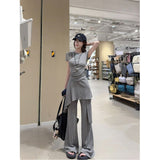 Slimny Slim Irregular Small Sleeve T-Shirt Drags Casual Pants Women 2025 Summer New Fashion Set