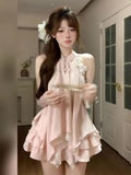 New Chinese-Style Suit Women's Summer National Wind Looks Pink Irregular Hanging Neck Top Cake Half Skirt A Complete Set
