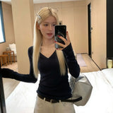 With Chest Cushions Korean Striped V-Neck Long-Sleeved T-Shirt Girl Hanging Neck Vest Two Sets Of Spring Hottie Tops