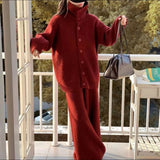 Pregnant Women Collar Knitted Two Sets Of 2025 Autumn And Winter 2025 New Thick Loose Lazy Sweater Open Shirt Wide Leg Trousers Set