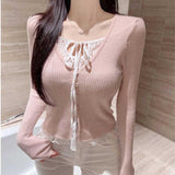 South Korea's Spring And Autumn New Temperament Pure Lust Lace Splicing Top Match Two Long-Sleeved Knitted T-Shirt Girl Ins