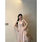 Sweet And Pure-Style Pink Lace Spliced Sling Dress Female Student Summer Design Feel Waist-Covered Dress