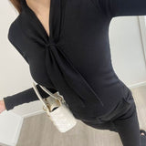 Design Pure Desire To Tie With Long-Sleeved T-Shirt Girl Slim Thin Top Dress Girl Tied With Bottom Shirt Small V Collar Autumn Winter