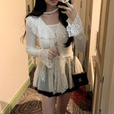 Spring And Summer New Temperament Pure Desire Lotus Leaf Side Ribbon Wearing Short V-Neck Lace Bottom T-Shirt Long-Sleeved T-Shirt