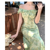 Seaside Holiday Green Flowers Small Flying Sleeve Dress Gentle Temperament Unique Beauty Waist A Word Beach Dress