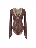Design-Sensing Mesh Yarn Hollow Joint-In-Up Shirt Women Spring And Autumn Pure Long-Sleeved Waist Sexy Lace Jersey