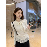The Bow Under The Hem Lace Splicing Long-Sleeved T-Shirt Girl Spring And Autumn French Pure Lust Style To Put On The Bottom Of The Top