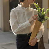 Artistic Style Wood Collar White Long-Sleeved Shirt Women 2025 Spring Retro French Top Loose Shirt Style Elegant