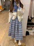 Vintage Blue Lattice Half Skirt Autumn And Winter Temperament Of High-Grade College High-Waist Small Long Dress Girl