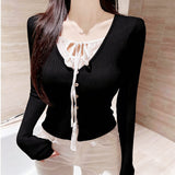 South Korea's Spring And Autumn New Temperament Pure Lust Lace Splicing Top Match Two Long-Sleeved Knitted T-Shirt Girl Ins