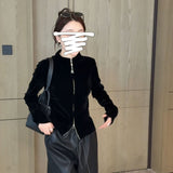 Fashion Double Zipper Long-Sleeved Velvet Coat Women's Autumn Thin Ocean Gas Thin Casual Top 2026 New