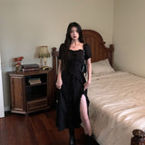 French Tie With Irregular Square Collar Dress Spring 2025 New Waist Repair Body Open Fork A Long Dress Women's Dress
