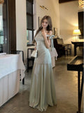 French Green Open-Shouldered Net Yarn Dress Women's Summer 2026 New Temperament Is Beautiful Pocketed And Hip Dress