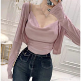 Autumn Temperament Fashion Folds Slime Body Sling T-Shirt + Korean Short Long-Sleeved Open Shirt Two Sets Of Women