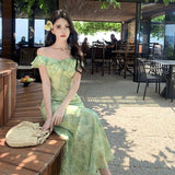Seaside Holiday Green Flowers Small Flying Sleeve Dress Gentle Temperament Unique Beauty Waist A Word Beach Dress