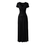 Tall Temperament Sexy V-Neck Lace To Receive Waist Short-Sleeved Dress Women's Small Pure Desire To Swing Long Skirt