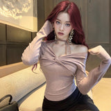Pure Lust Lace Sexy Long-Sleeved Neck T-Shirt Girl Spring And Autumn Shoulder Temperament Tops Niche Bottom Shirt