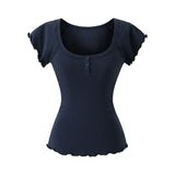 Korean Niche Design Sense U-Neck Short-Sleeved T-Shirt Women 2026 Summer New Button Lace Slime Top Tide