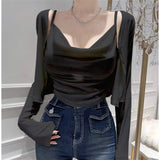 Autumn Temperament Fashion Folds Slime Body Sling T-Shirt + Korean Short Long-Sleeved Open Shirt Two Sets Of Women