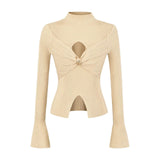 Twisted Long-Sleeved Knitted Shirt Girls Autumn New Pure Sexy Inside Hot Girls Tight Open Fork Coat Wear