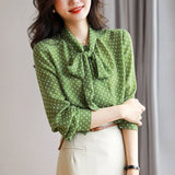 Spring And Autumn 2025 New Shirt Women Green Lining Collar With Long-Sleeved Casual Open Shirt Thin Top Woman