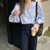V Collar Wood Ear Soak Sleeve Shirt Female Spring And Autumn Temperament Korean Chic Top Elegant French High-End Feel Top