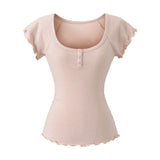 Korean Niche Design Sense U-Neck Short-Sleeved T-Shirt Women 2026 Summer New Button Lace Slime Top Tide