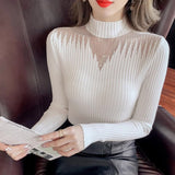 Spring And Autumn New Oceanic Knitted Knitted Jersey Casual Blouse Splicing High-Neck Knitted Bottom Sweater Women's Clothing