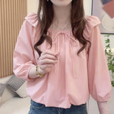 Southeast Asia Belly-Covered Casual Blouse With Lotus Leaf Edge Spring Shirt New Solid Color Design Sense Small Elegant Tie