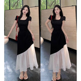Large-Size French Short-Sleeved Dress Women's Summer Waists Thin Splicing Long Dress Slightly Fat MM Hepburn Style Hit-Colored Skirt