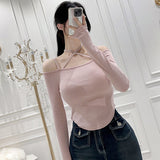 Two-´© Design-Sensitive Slings With T-Shirt Inclined Hem Irregular T-Shirt Tighten Thin Long Sleeve Collar