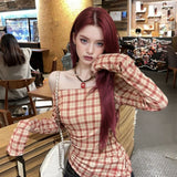 Red Lattice Open Shoulder Repair Word Shoulder Women's T-Shirt Long-Sleeved Spring Temperament Hottie