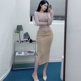Slender Open Fork Loose Waist Half-Dress Folded Long Skirt Bag Hip Skirt South Korea Dongdaemun Autumn New Sexy