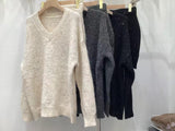 Large-Size Gray Knitted Set Of Women's Autumn And Winter New Korean Version Of Loose V-Neck Sweater High-Waisted Half Skirt Two-Set