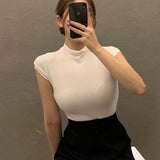 High Elastic Half-Neck Sleeveless Vest Tight Body Slim Outside Wearing Conch-Colored Bottom Shirt Woman Summer Spring