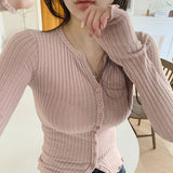 Korean V-Neck Button Knitted Cardigan Long Sleeves Pink Wood Ear Casual Temperament Coat Autumn Coat Dress Girl Body