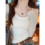 92 People Cotton 8 Spandex U Collar Shoulder Long Sleeves Plus Velvet T-Shirt Girl Body Autumn And Winter Big Neck Collar Inside The Top