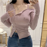 Twisting Pink Button Design Cardigan Body Thin Shoulder Slings Irregular Coat Long-Sleeved Women's T-Shirt Thread