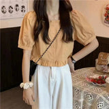 2025 Lotus Leaf Side Short-Sleeved Shirt Women High Waist Can Be Sweet Bubble Sleeve Fresh Leaf Side Shirt