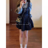 Spring And Autumn Wear A Set Of Women's Loose Retro Bows Cowboy With A Lace Shirt