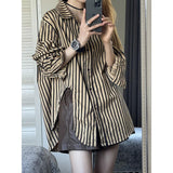Striped Open Fork Shirt Women Spring And Autumn 2025 New Loose Shirt Niche Coat Shirt Female Design Sense