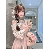Clear Elegant Gentle And Light Pink Shoulder Splicing Long Dress Sweet Bow Lace Side Lace Dress