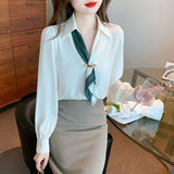High Sense Of The New Chiffon Shirt Fashion Professional Collared Collared Women V Collar Long-Sleeved Shirt Spring