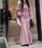 Autumn And Winter New Lazy Wind Loose Long Open Qiu Sweater With Medium Long Skirt Three-Piece Set Of Women